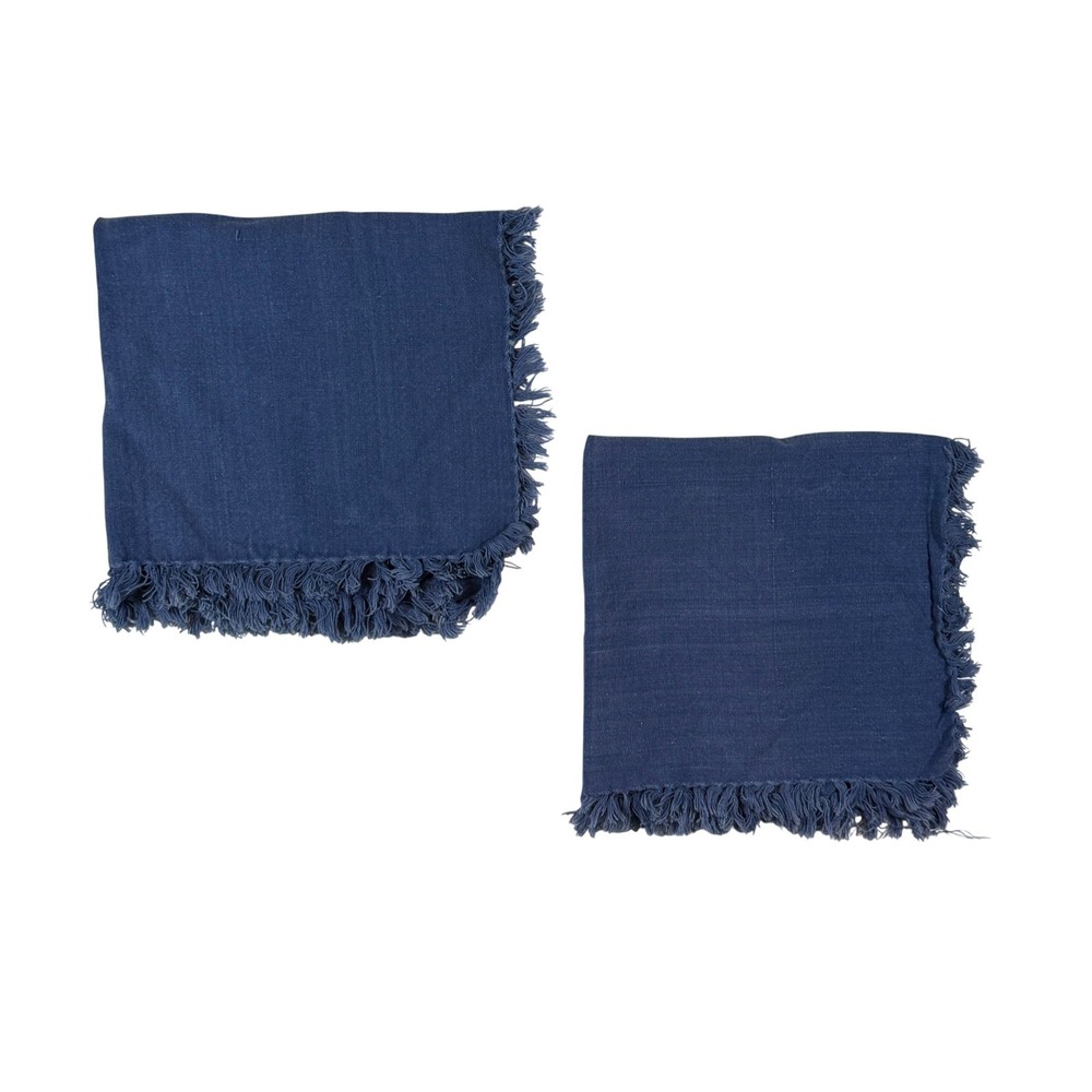 VTG Blue Fringed Cloth Napkins 17" x 17" Set of 2 Linen Farmhouse Coastal Boho